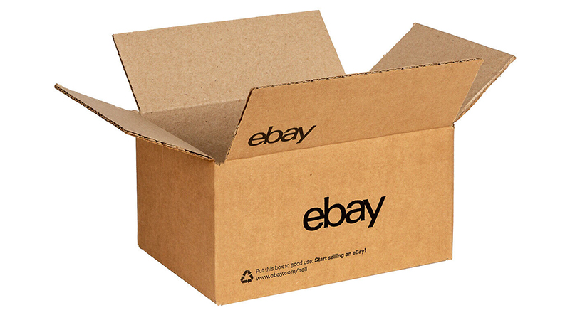 eBay corrugated shipping boxes about 6 by 4.75 by 4.75 inches.
