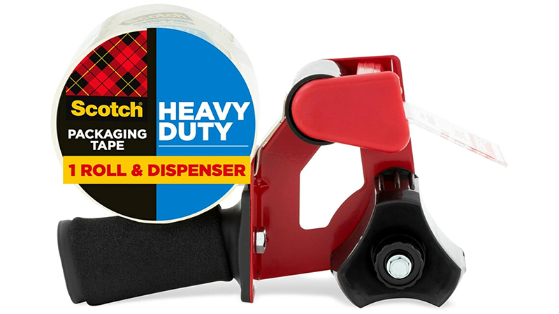 Handheld packing tape gun dispenser with pistol grip.